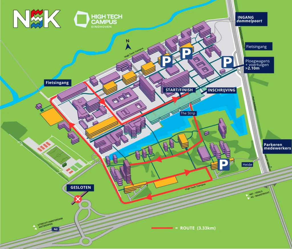 Parcourskaart van het NSK Wielrennen 2026 op de High Tech Campus Eindhoven met de 3,33 km route, start/finish, inschrijving, parkeerplaatsen en toegangen.